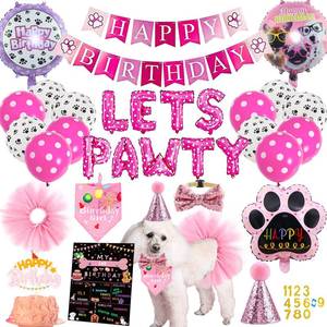 lot 64355 image: Dog Party Supplies Decorations - Cute Bandana, Lets Pawty Banner, Cake Topper, Hat, Pink Bowtie, Tutu Skirt, Paw Balloon for Birthday Celebration - Retail $16