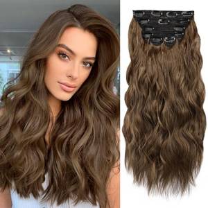 lot 64393 image: Clip in Synthetic Hair Extensions Long Wavy 6PCS Thick Hairpieces Chestnut Brown Fiber Double Weft Natural Hair Extensions 20 Inch for Women - Retail $24