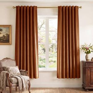 lot 64415 image: Burnt Orange Velvet Curtains Back Tab Boho Drapes, W52xL72, 2 Pcs - Retail $37