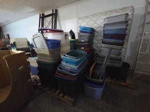 lot 215 image: Lot of Plastic Storage Bins and Containers Multiple Colors and Sizes