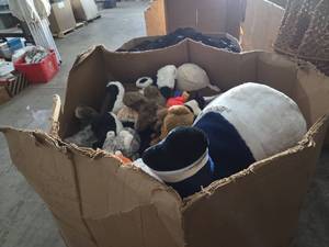 lot 217 image: Pallet box full of Plush Stuffed Animals including Snowman Squishmallow and Animal Figures
