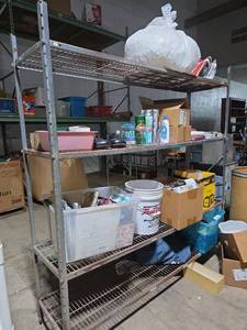 lot 221 image: Huge Metal Shelving on Casters WITH CONTENTS