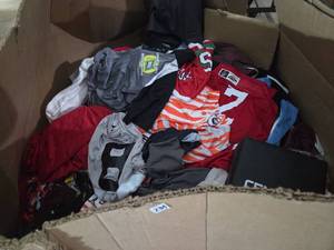 lot 233 image: Gaylord box full of sport clothing and jerseys