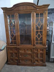 lot 268 image: China Cabinet with Glass Doors and Lower Storage Drawers 77H X 14D X 52 W