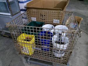 lot 63 image: Wire basket with tubs and buckets of large assortment of tools