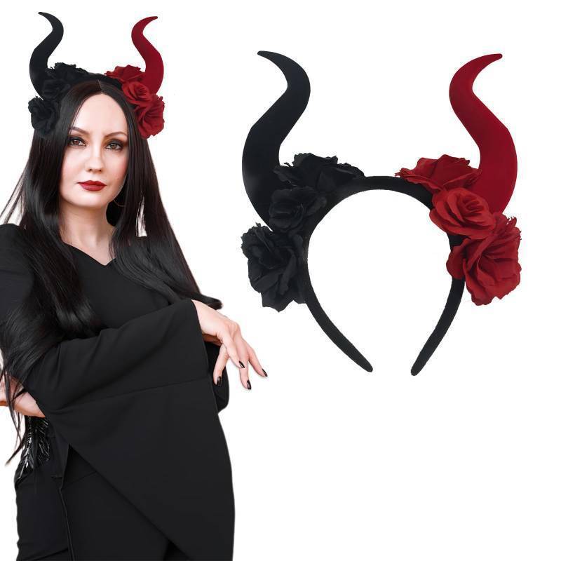 lot 28715 image: Halloween Red Black Rose Flowers Devil Horn Headband Gothic Horns Hair Hoop Costume Hair Accessories for Halloween Cosplay Party (the horns are a bit damaged, see Picture for reference) - Retail $10