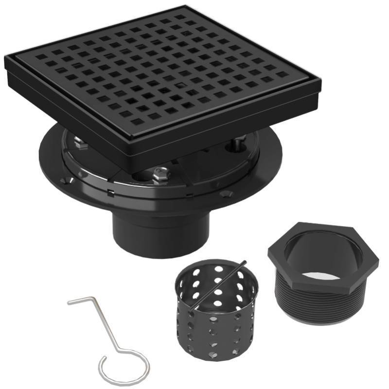 lot 38791 image: 6 Inch Matte Black Square Shower Drain with Removable Grate - Retail $31