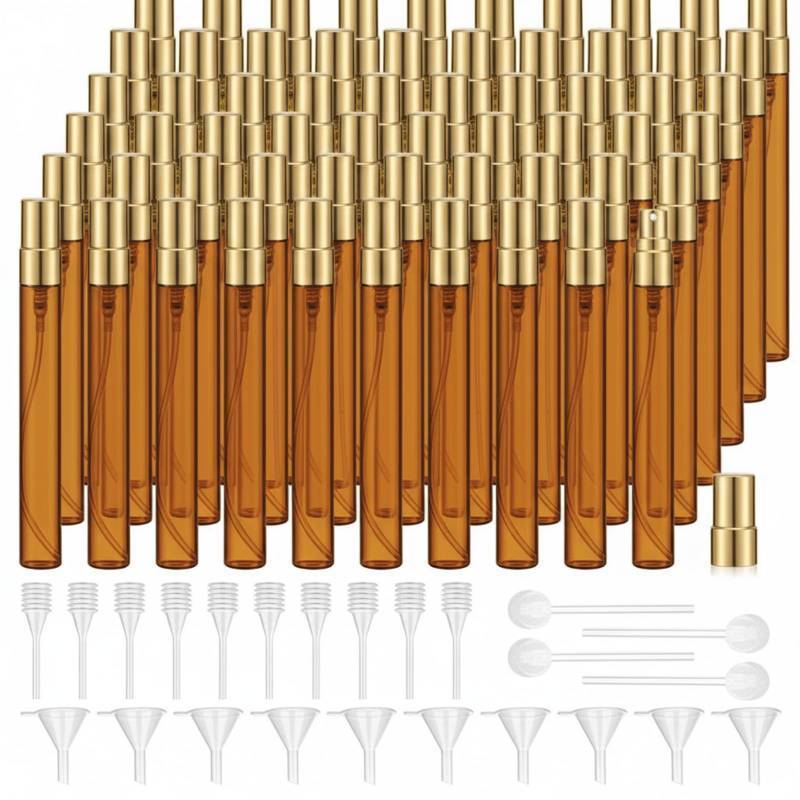 lot 38828 image: 60 Pcs 10ml Mini Perfume Bottle Fine Mist Atomizer Glass Refillable Bottles Decants Bulk for Perfumes Travel Glass Container with Atomizer Pump Kit for Fragrance(Amber, Gold, 10ml) - Retail $30