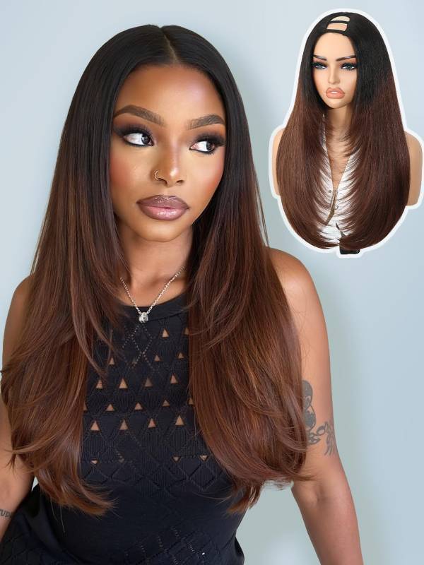 lot 38897 image: Brown Layered U Part Wigs V Part Yaki Straight Half Wigs for Women - Retail $29