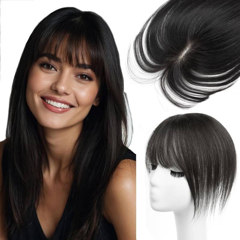 lot 38910 image: 10 Inch Real Human Hair Topper with Bangs for Women Covers Thinning Crown, Clip-In Hair Topper for Thinning Hair (Natural Black) - Retail $36