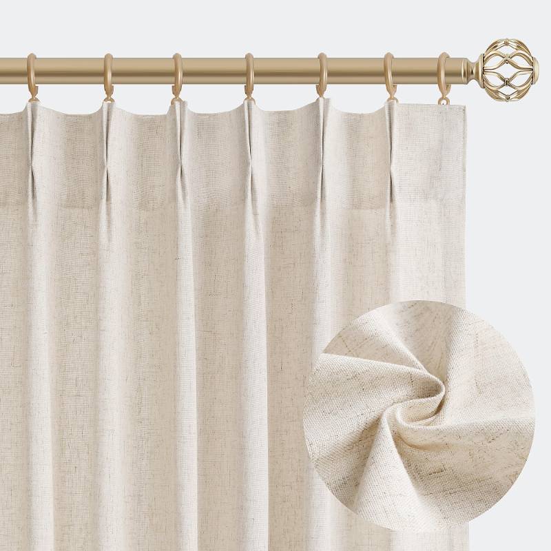 lot 38956 image: Linen Pinch Pleated Curtains 84 Inch Length 2 Panels Set for Living Room Cream Semi Sheer Window Curtain for Bedroom Boho Farmhouse Neutral Back Tab Drape Decor with Hooks, Natural Beige Ivory - Retail $20