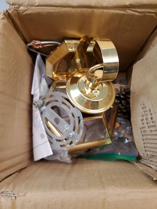 lot 46849 image: Generation Lighting 8037-02 Lancaster Traditional One - Light Outdoor Wall Lantern Outside Fixture, Polished Brass Finish, 1-Light, cETL Listed, Safety Rated for Wet Locations - Retail $84
