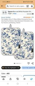 lot 73720 image: Pot Holders Set of 2 Blue White Chinoiserie Floral Hot Pads for Kitchen Heat Resistant Potholders Sets for Kitchen and Baking 7x9.8in - Retail $17