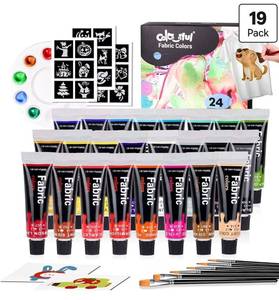 lot 73722 image: Colorful Fabric Paint Set for Clothes,24 Colors 0.4 Fl Oz Paint for Kids, Permanent fabric paint , soft, washable, non-toxic kids�� paint, acrylic textile paint for shirts, totes, shoes & crafts. - Retail $16