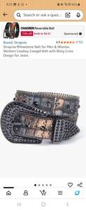lot 73726 image: Rhinestone Belt for Men & Women, Western Cowboy Cowgirl Belt with Bling Cross Design for Jeans 42 to 45 Waist - Retail $20