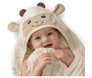 lot 73728 image: Blissful Diary Muslin Baby Hooded Towel 1 Pack, Soft & Absorbent Bath Towel for Infant, Toddler, Unisex, Baby Gift, Newborn Essentials - Retail $15