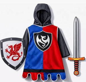 lot 73789 image: Kids Knight Costume Dress Up Set with Hood and Cloak, Soft Foam Sword and Shield Medieval Pretend Play Armor Outfit Kids, Dragon Knight Outfit. Visible Use. - Retail $25