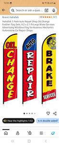 lot 73795 image: 3 Pack Auto Repair Shop Oil Change Feather Flag Sets, 8.2 x 2.1 ft Large Brake Services Advertising Windless Flag for Business Mechanics Automotive Car Repair Shops - Retail $30