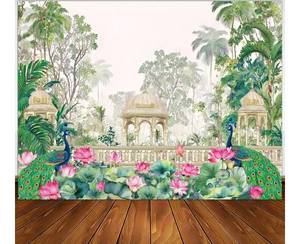 lot 73798 image: Peacock Lotus Decorations Backdrop, India Wedding Peacock Party Props Banner, Lohari, Housewarming Pooja, Temple Diwali Wall Decor Fabric Photography Background 7.8X5FT. SEE PHOTO OF ACUTAL ITEM. - Retail $22