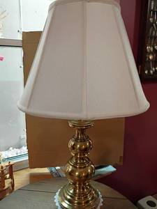 lot 905 image: Brass Table Lamp.  Shade is from Silk O Lite.  27in tall.  Located in basement