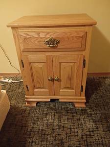 lot 924 image: Wooden Side Table with Drawer and Bottom Storage. 28 x 22 x 17. Located in basement