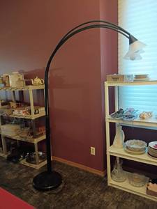 lot 949 image: Approximately 80in Arc Floor Lamp. Base is a VERY Heavy Marble, 15in diameter. Light Bulbs Change Color