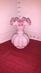 lot 1028 image: Fenton Pink Ruffled Vase with Clear Rim Accents