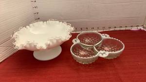 lot 1032 image: Milk Glass Compote Bowl and 3 compartment Strawberry bowl