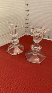 lot 1037 image: Pair of Clear Glass Candlestick Holders Hexagonal Base