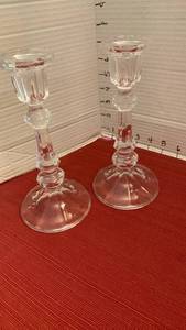 lot 1038 image: Pair of Glass Candlesticks with Fluted Stem and Dish Base