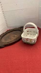 lot 1050 image: Carved Wood Decorative Wall Plaque with Floral Border and Interior Scene and ceramic basket