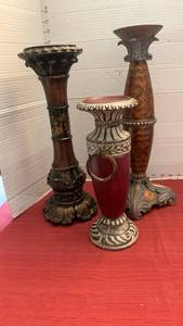 lot 1052 image: 3 Decorative Pedestals candle holders. One needs repair