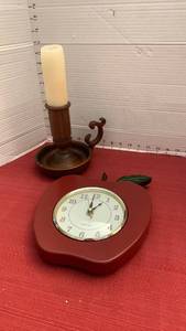 lot 1061 image: Apple-Shaped Wall Clock with Wooden Candle Holder