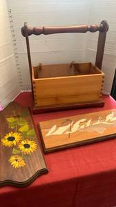lot 1091 image: Wooden Basket with Handle and Painted Wood wall decor