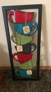 lot 1093 image: Stacked Coffee Cups Wall Art with Inspirational Tags 30X12