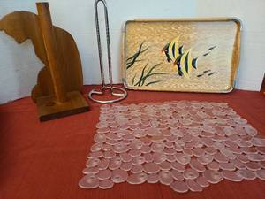 lot 1211 image: Wooden cat and stainless steel paper towel holders, angel fish serving tray, sink mat.