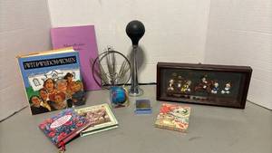 lot 1301 image: Decorative Collectibles Lot Books, Framed Art, Globe, and Accessories