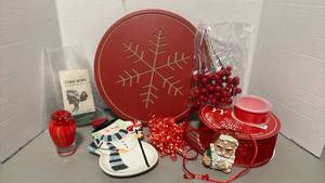 lot 1303 image: Holiday Decorative Accessories Lot.  Red Snowflake lazy Susan, Jumbo Roll ribbon, snowman candy dish, Santa necklace and more