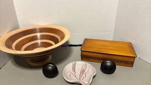lot 1307 image: Larry Crow Hand Crafted Wood Bowl Mahogany Curly Maple 3-15-17, wooden box. Small Ceramic dish and two door knobs.