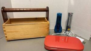 lot 1308 image: Wooden Tool Caddy with Handle, a PhoneSoap sanitizer and flashlights