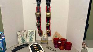 lot 1312 image: Pair of Zermatt Cow Bells with Red Fabric Strap, candle holders, wall art and more