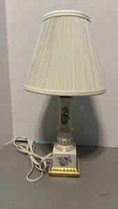 lot 1313 image: Porcelain Table Lamp with Floral Decoration and Pleated Shade 19 inches tall