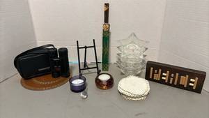 lot 1315 image: Tasco 10x25 Binoculars #168RB with Case, candle holders, chopsticks, and more