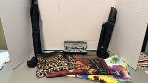 lot 1316 image: Two umbrellas, scarf, two garden flags and a pair of glasses
