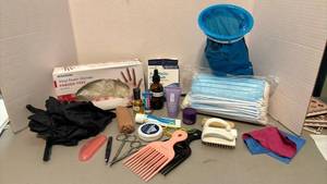 lot 1317 image: Hair Care & Beauty Supplies Lot with Gloves, Masks, Combs, Scissors, Oils, Creams