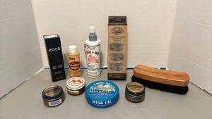 lot 1319 image: Shoe Care Lot ECCO Leather Balm, Brush, Mink Oil and More