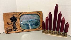 lot 1320 image: Wooden Windmill Picture Frame and 7-Piece Red Candle Holder Set