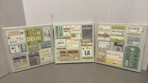 lot 1328 image: Decorative Canvas Wall Art Set Airport Luggage Tags three pieces