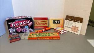 lot 1335 image: Vintage Board Game Lot Bunco, Flinch, Pit, Cribbage, Train Hub, Charleston