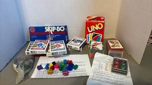 lot 1341 image: Board Game Lot Skip-Bo UNO Bicycle Cards Tijuana Boxcars Dice and more